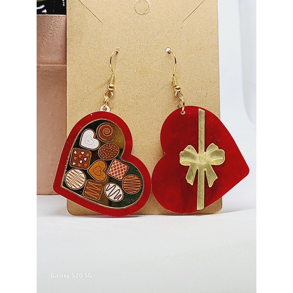 Red Heart Chocolate Box Acrylic Dangle Earrings Valentine's Day Jewelry Mens
